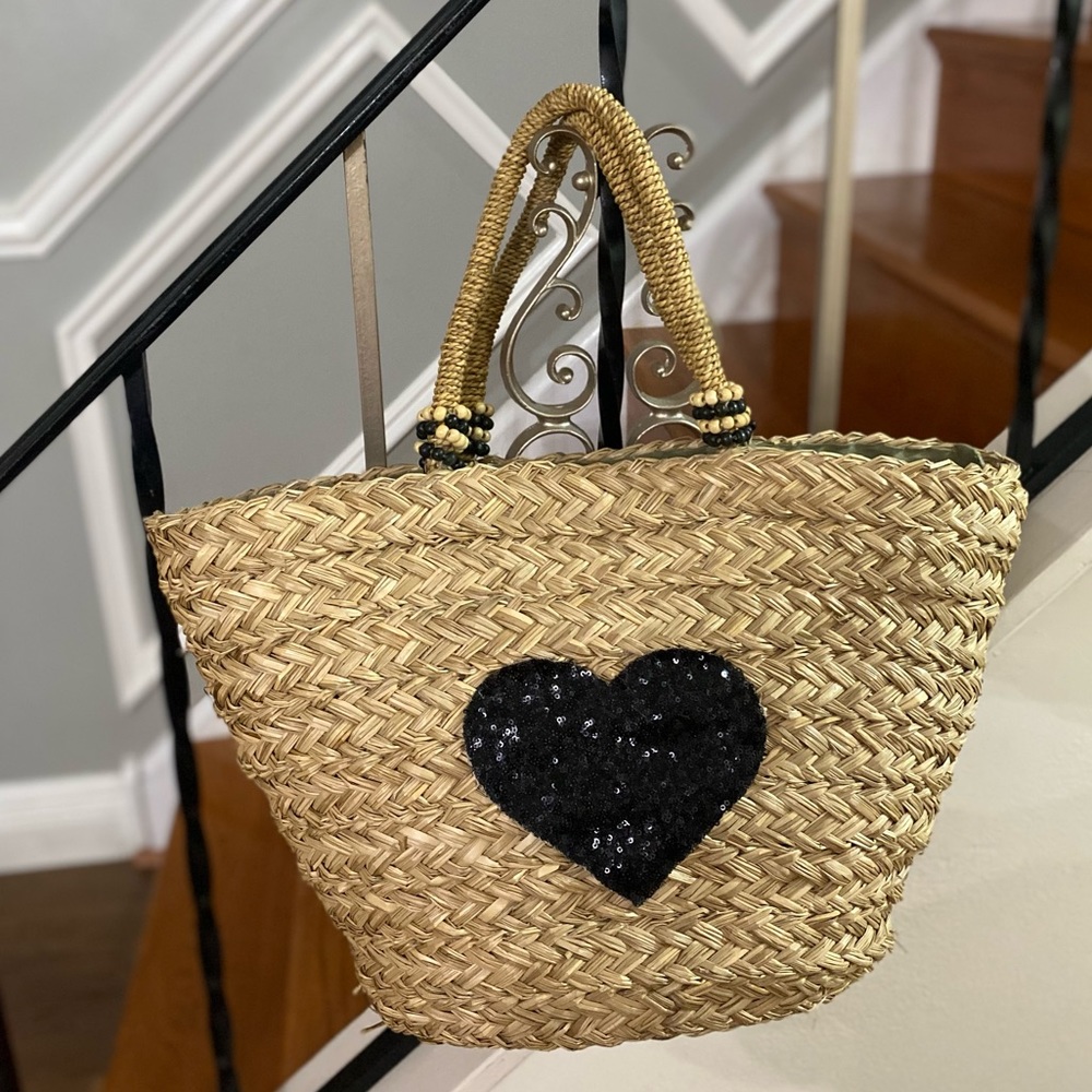 Pia Rossini Black and Neutral Natural Sea Grass Large Beach Bag